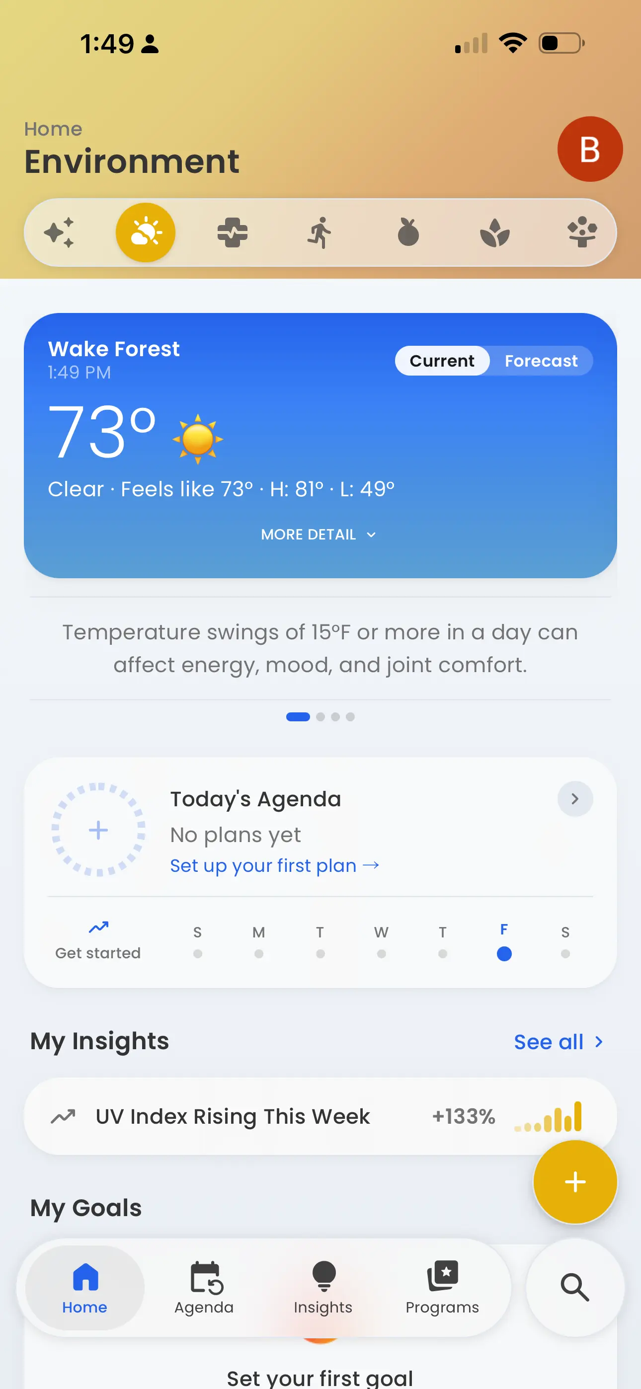 Best Life Environment tab showing weather, forecast, UV Index rising insight