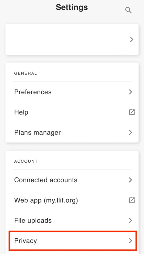 Best Life Settings screen with the Privacy row highlighted