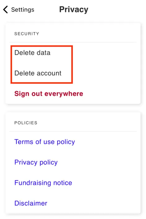 Privacy screen showing Delete data and Delete account options highlighted