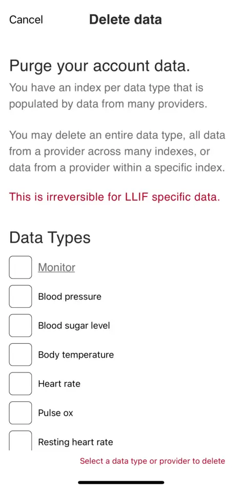 Delete data screen showing the list of data types to select