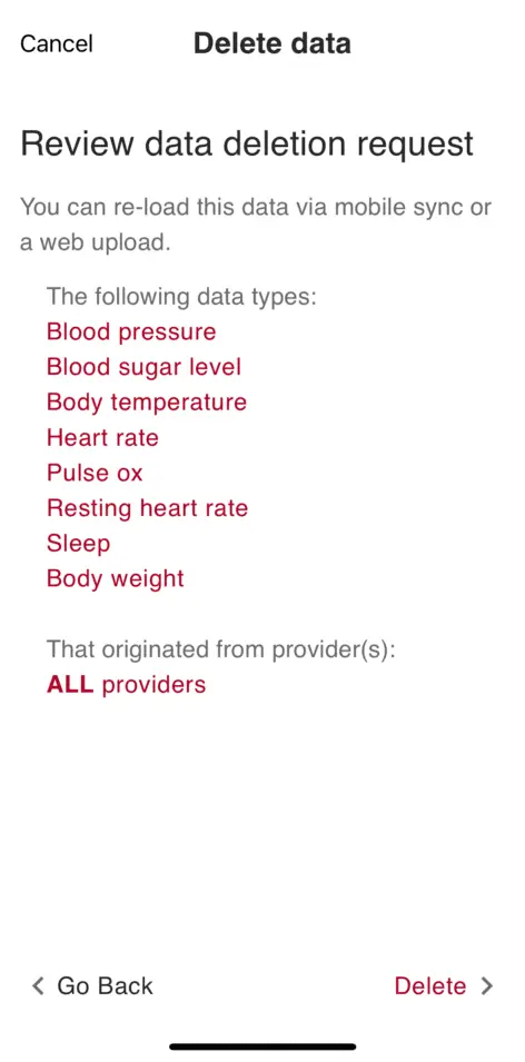 Review data deletion request screen listing selected data types